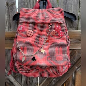 Disney Mickey Mouse Backpack, Red Black Hearts Charms Buttons Bag